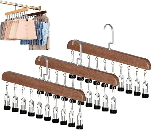Legging Hangers with 10 Clips,Space Saving Cap Organizer for Closet,Wooden Hats Hangers 3 Pack,360° Rotating Hanging Closet Organizer for Pants, Skirts and Socks Storage (Set of 3,Vintage)