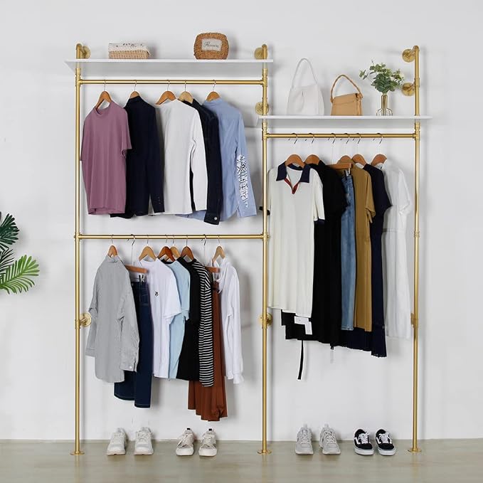 Industrial Pipe Clothing Rack Wall Mounted, Heavy Duty Hanging Clothes Rack Clothing Store Display Stands Garment Rack Closet System, 2 Tier Wood Garment Rack (Gold, 96.5x80.7inch)