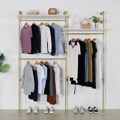 Industrial Pipe Clothing Rack Wall Mounted, Heavy Duty Hanging Clothes Rack Clothing Store Display Stands Garment Rack Closet System, 2 Tier Wood Garment Rack (Gold, 96.5x80.7inch)