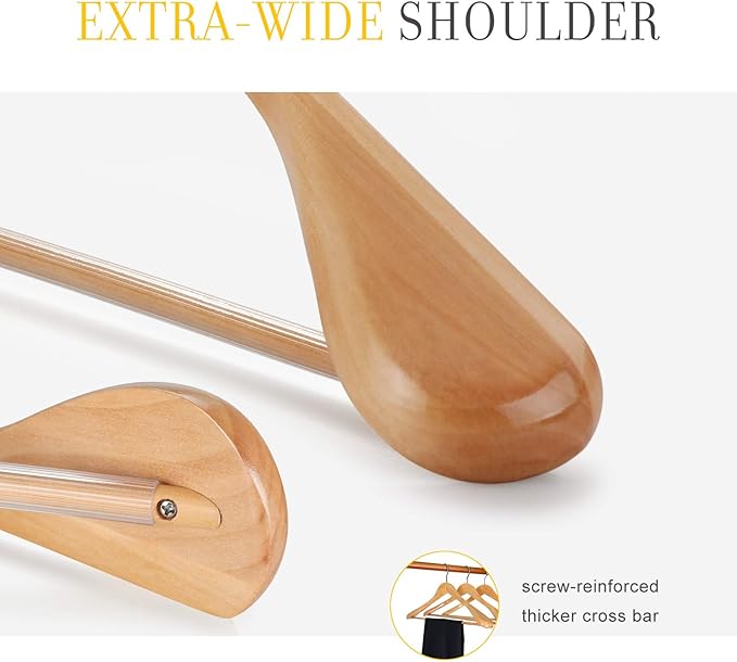 TOPIA HANGER Set of 6 Luxury Natural Wooden Coat Hangers, Premium Wood Suit Hangers, Glossy Finish with Extra-Wide Shoulder, Thicker Chrome Hooks & Anti-Slip Bar CT02N