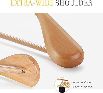 TOPIA HANGER Set of 6 Luxury Natural Wooden Coat Hangers, Premium Wood Suit Hangers, Glossy Finish with Extra-Wide Shoulder, Thicker Chrome Hooks & Anti-Slip Bar CT02N