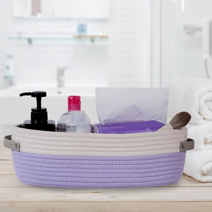 Cotton Rope Woven Basket Toilet Paper Baskets for Organizing Decorative Basket for Boho Decor Small Storage Basket Gift Baskets 13"x5.9"x4" Purple