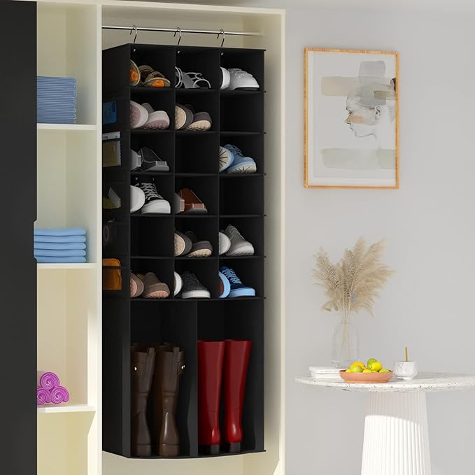 Hanging Shoe Organizer for Closet,18+2 Sections Hanging Shoe Closet Organizers and Storage with 10 Mesh Pockets, Boot Storage, Black