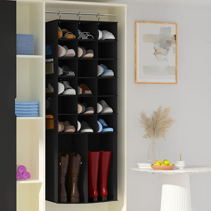 Hanging Shoe Organizer for Closet,18+2 Sections Hanging Shoe Closet Organizers and Storage with 10 Mesh Pockets, Boot Storage, Black