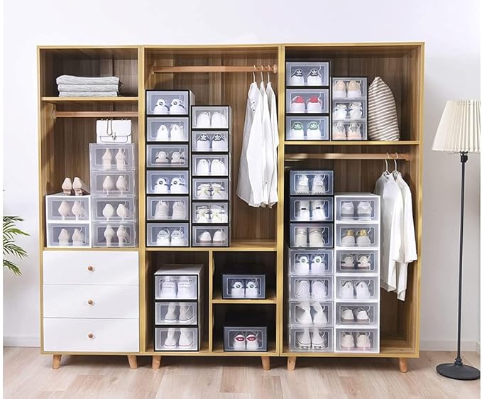 MPM Shoe box 12pcs, Stackable Clear Plastic Shoe Organizer, Shoe Rack, Sneaker Storage Box with Lid, For Men and Women S