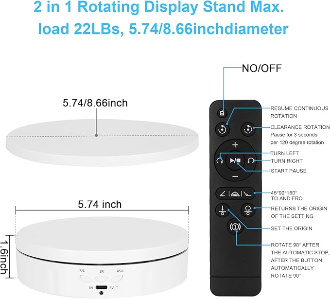 2 in 1 Motorized Rotating Display Stand with 5.74 /8.66 inch Replacement Cover, Remote Control 360 Degree Electric Turntable Display Stand Max 22lbs Load Auto Lazy Susan for Photography LiveStream