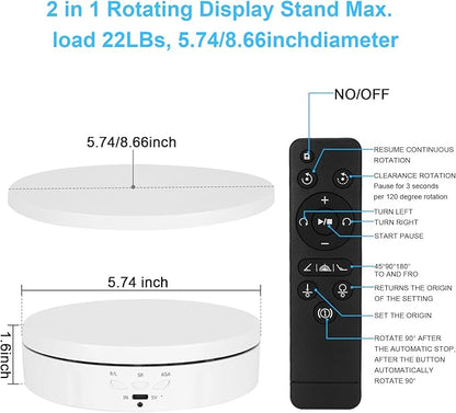 2 in 1 Motorized Rotating Display Stand with 5.74 /8.66 inch Replacement Cover, Remote Control 360 Degree Electric Turntable Display Stand Max 22lbs Load Auto Lazy Susan for Photography LiveStream