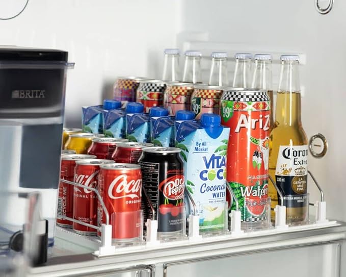 Baraiser Drink Organizer for Fridge, Self-Pushing Soda Can Organizer for Refrigerator, Width Adjustable Pusher Glide, Automatic Drink Dispenser (5 Rows, White)