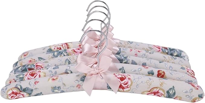 Decorative Padded Clothes Hangers, Floral Pattern with Satin Bow, Set of 5 (Rose)