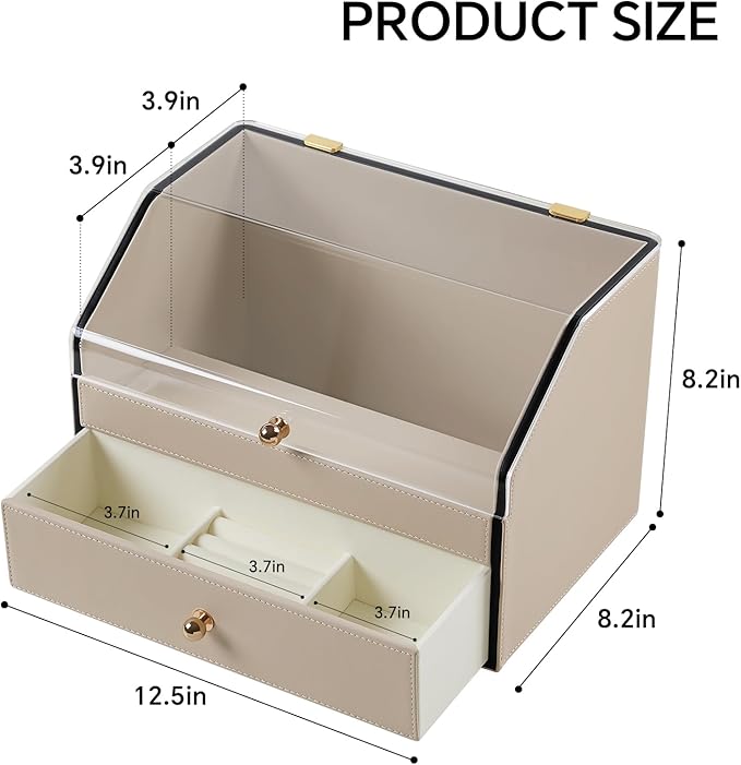 Leather Makeup Organizer & Skincare Storage Rack - Cosmetic Display Case with Dustproof Transparent Cover, Drawer Jewelry Storage, for Bedroom Vanity, Perfume & Lipstick Organizer (Beige)