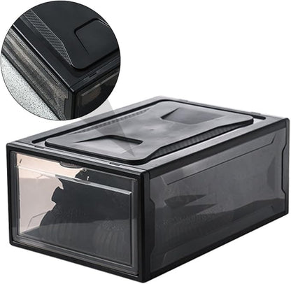 NUOBESTY Small Sneaker Shoe Box Clamshell Lid, Stackable Drawer-style Shoe Storage Container for Men and Women, Black Snap Closure Organizer for Closet and Display