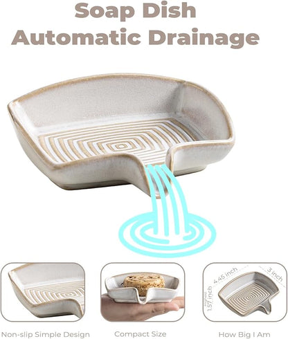 Soap Dishes, Ceramic Shower Soap Dish with Waterfall Design Bar Soap Holder Self Draining Soap Saver for Shower, Bathroom, Sink, Kitchen and Countertop, Beige White
