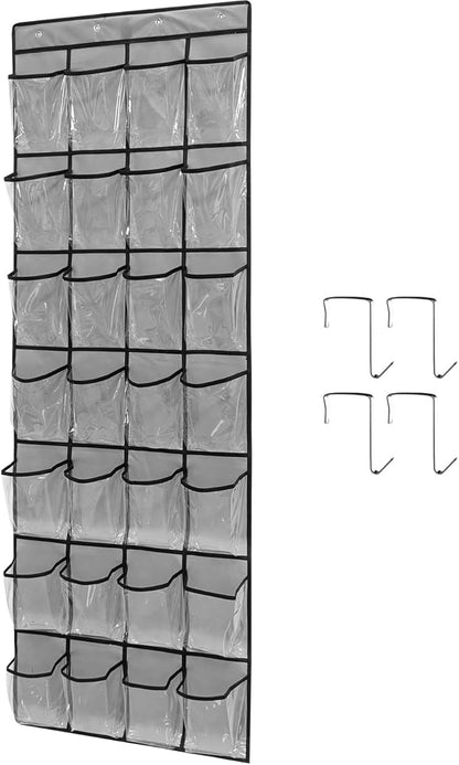 28 Large 1 Pack Transparent Pockets Over The Door Shoe Organizer Sturdy Hanging Shoe Rack for Door Closet Sneakers or Accessories, 4 hooks（Grey&Black）