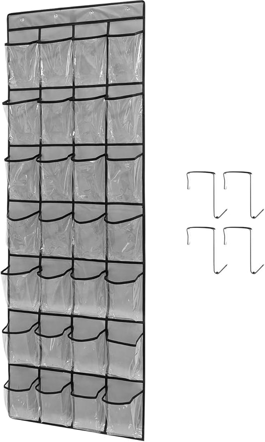 28 Large 1 Pack Transparent Pockets Over The Door Shoe Organizer Sturdy Hanging Shoe Rack for Door Closet Sneakers or Accessories, 4 hooks（Grey&Black）