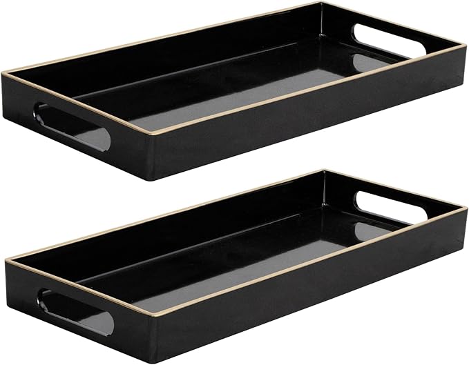 MAONAME Black Vanity Tray Set of 2, Plastic Decorative Tray with Handles, Small Narrow Trays, Rectangular Bathroom Trays for Toilet Tank, 13.8" X 6" X 1.57"