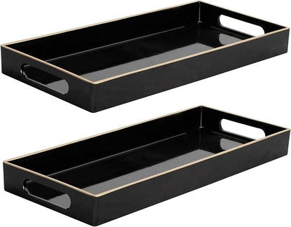 MAONAME Black Vanity Tray Set of 2, Plastic Decorative Tray with Handles, Small Narrow Trays, Rectangular Bathroom Trays for Toilet Tank, 13.8" X 6" X 1.57"
