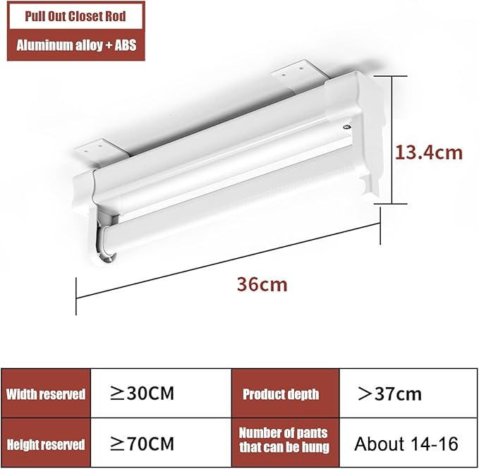 Heavy Duty Retractable Pull Out Pants Rack,Aluminum Alloy Pull Out Closet Valet Rod,Extendable Wardrobe Rail Tube for Hanging Clothes, Top Mount (Color : White, Battery *1 : 36cm)