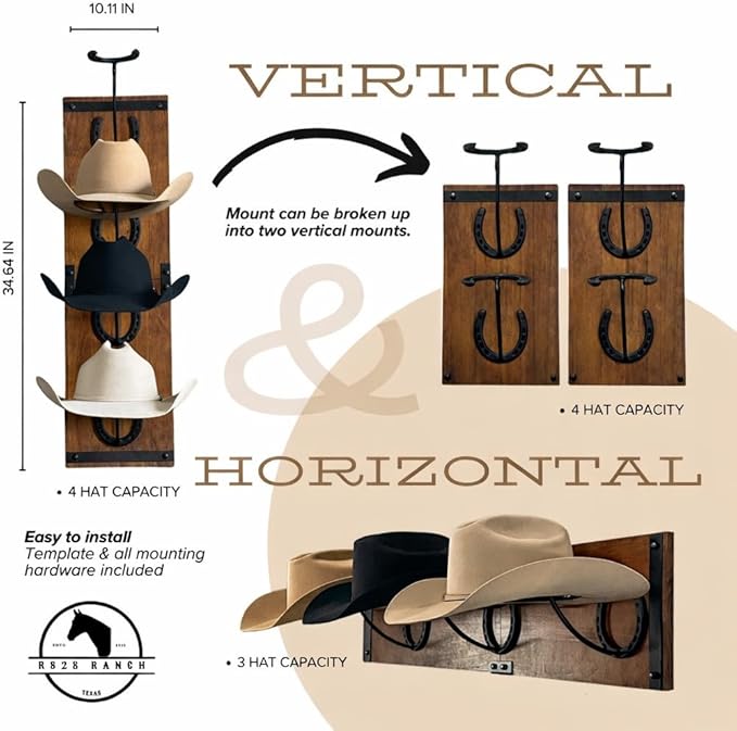 Cowboy Hat Rack For Wall Mount (34.6” x 10.1” x 13.5”) | Wood Cowboy Hat Holder | Hanging Western Hat Rack w/Metal Accents | Customizable Hat Organizer w/Handmade Horseshoe Mounts