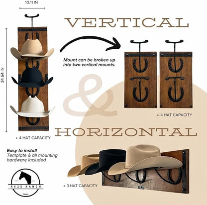 Cowboy Hat Rack For Wall Mount (34.6” x 10.1” x 13.5”) | Wood Cowboy Hat Holder | Hanging Western Hat Rack w/Metal Accents | Customizable Hat Organizer w/Handmade Horseshoe Mounts