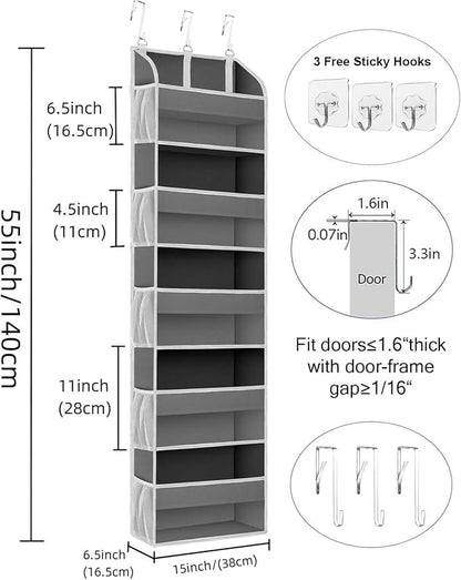 Over the Door Organizer, 5 Shelf Hanging Storage with Large Pockets, 44 lb Load, 15.7x5.5x57.8 Inch, for Bedroom, Bathroom, Pantry, Nursery (Grey)