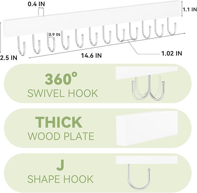 Belt Hanger Wall Mount, Adhesive Wooden Closet Belt Organizer with 24 Metal Hooks, Large Capacity, 2 Installation Options, White, 2 Pcs