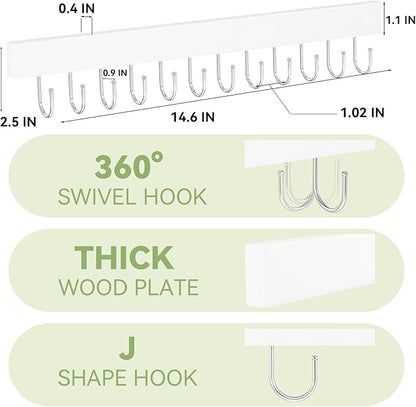Belt Hanger Wall Mount, Adhesive Wooden Closet Belt Organizer with 24 Metal Hooks, Large Capacity, 2 Installation Options, White, 2 Pcs