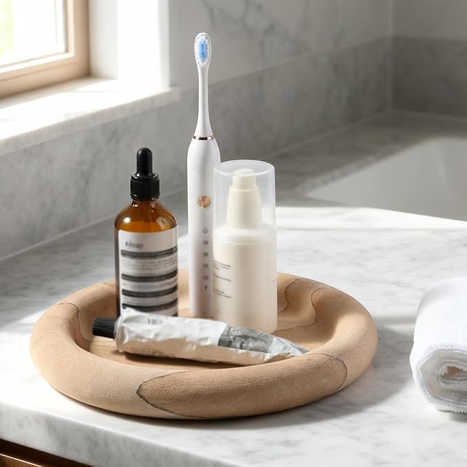 Real Natural Marble Tray, Marble Round Decorative Vanity Tray for Bathroom Countertop, Kitchen Counter, or Catchall, Coffee Table Tray for Jewelry (Vein Sandstone)