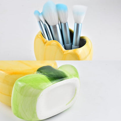 Ceramic Tulip Cosmetic Storage Box, Desktop Organizers Make Up Brush Storage Stand Desktop Storage Box for Brush,Pencil,Art Supplies, Painting Brush (Yellow)