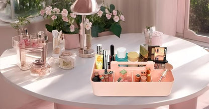 New Plastic Portable Makeup Organizer Caddy Tote Divided Basket Bin with Handle, for Bathroom Storage Made In USA (Indie Pink)