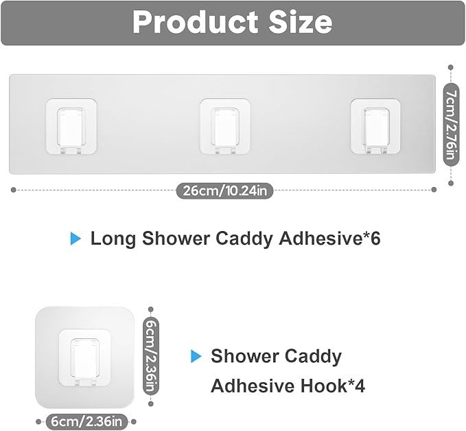 10 Pack Shower Caddy Adhesive Replacement, Waterproof Shower Shelf Adhesive Strips, Strong Adhesive Flat Hooks for Bathroom Storage Shelves and Kitchen Racks No Drilling, Clear