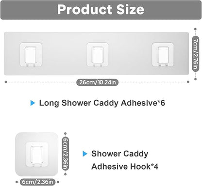 10 Pack Shower Caddy Adhesive Replacement, Waterproof Shower Shelf Adhesive Strips, Strong Adhesive Flat Hooks for Bathroom Storage Shelves and Kitchen Racks No Drilling, Clear