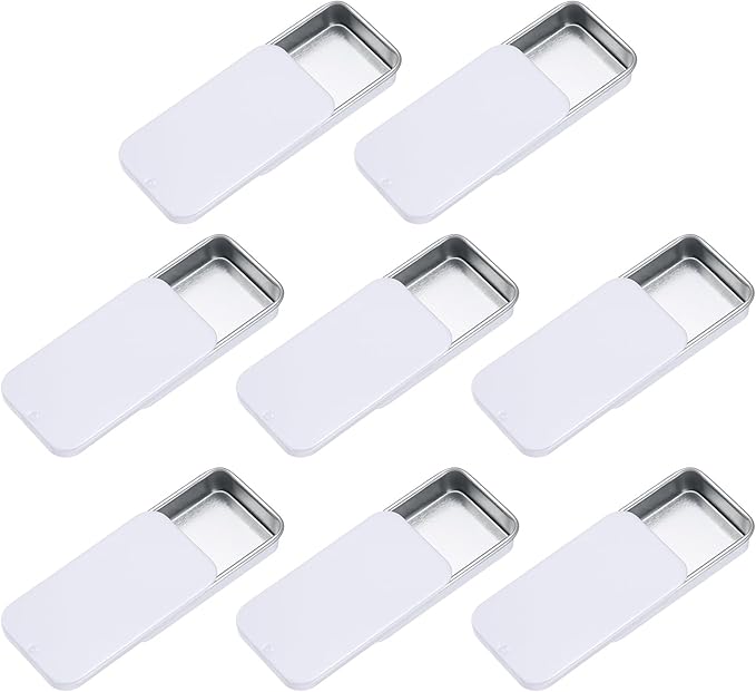 uxcell 8Pcs Slide Top Tin Containers, Mini Metal Empty Tins Box with Sliding Lids, 2.4"x1.3"x0.4" Rectangular Storage Organizers for Lip Balm, Solid Perfume, Small Items, Bright White