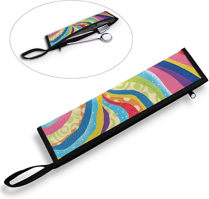 Portable Travel Tableware Box Colorful Stripes Flatware Storage Box Case Travel Utensils Cutlery Case with Bag for Fork Spoon Chopsticks