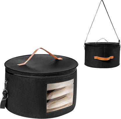 HEAVYWOOD Hat Box for Women Storage Travel Felt Hat Case for Wide-Brim Cowboy Hat Storage Foldable Organizer for Closet Large Round Hat Carrier with Portable Handle Shoulder Strap (Black)