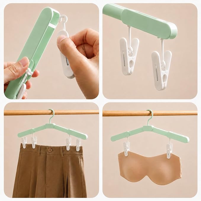 6 Pack Foldable Travel Hangers with 12 Clips, Portable Collapsible Clothes Hanger for Travel, Cruise, Hotel, Camping, Dorm, Space Saving Laundry Solution for Small Spaces (Light Green)