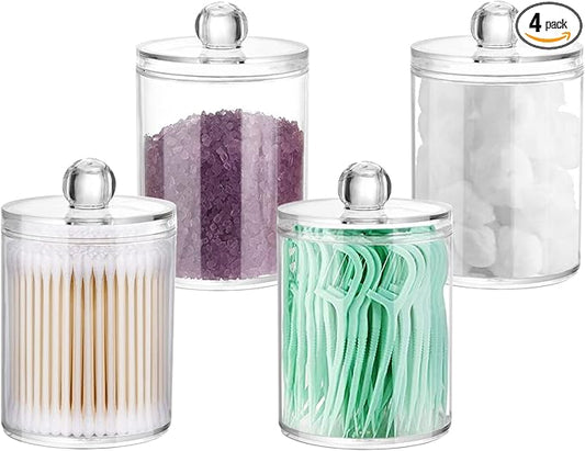 DAPOWER 4 Pack Qtip Holder Storage Canister for Cotton Ball, Cotton Swab, Pads, Floss; 10-Ounce Clear Plastic Apothecary Jar with Lid, Bathroom Makeup Organizer (4)