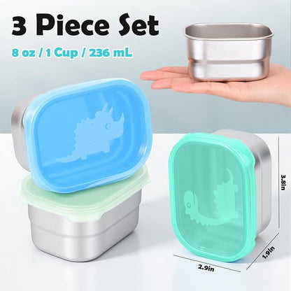 Tanjiae 3×8oz Small Stainless Steel Snack Containers for Kids and Toddlers - 230mL Leakproof Food Containers with Cute Dino Lids | LFGB Certified, Stackable Metal Snack Box for School, Daycare, Travel