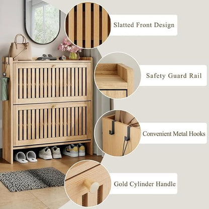 wanan 31.5" Modern Slatted Shoe Cabinet with 2 Flip Drawers, Adjustable & Removable Panels, Safety Guard Rail Top, Wide Shoe Storage Cabinet for Entryway (Light Oak)