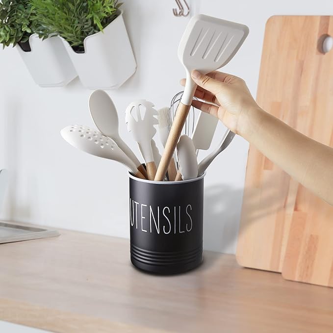 Kitchen Utensil Holder, 6.7" Utensil Holder for Kitchen Counter, Cooking Utensil Crock with Cork Bottom, Modern Farmhouse Decor, Countertop Utensil Storage Organizer Caddy, Black