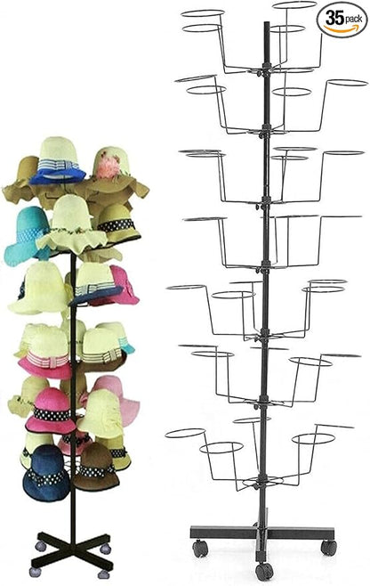 LOYALHEARTDY Hats Stand Display, Adjustable Iron Hat Rack Stand, Hat Rotating Display 35 Hats Rotating Hat Display Rack Free Standing Metal Floor Caps Head-wear Stand 7 Tier (Black)