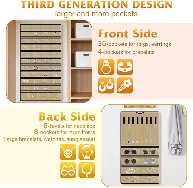 Hanging Jewelry Organizer 1 pack, Double-Sided,Multi-pocket-48 Pockets + 8 hook for Earrings/Necklaces/Rings/Bracelets, Sturdy Hooks fits Closet/Wall/Door, Gift for Women