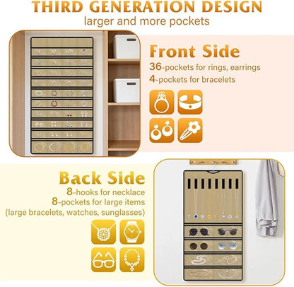 Hanging Jewelry Organizer 1 pack, Double-Sided,Multi-pocket-48 Pockets + 8 hook for Earrings/Necklaces/Rings/Bracelets, Sturdy Hooks fits Closet/Wall/Door, Gift for Women