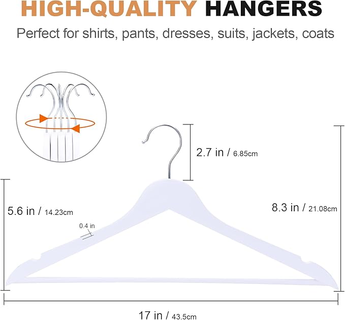 Wooden Hangers 20 Pack, Wood Hangers with Extra Smooth Finish, Precisely Cut Notches & Chrome Swivel Hook, Wooden Clothes Hangers for Shirt Coat Jacket Dress, White