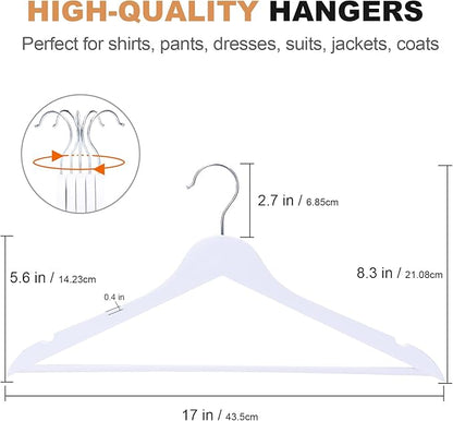 Wooden Hangers 20 Pack, Wood Hangers with Extra Smooth Finish, Precisely Cut Notches & Chrome Swivel Hook, Wooden Clothes Hangers for Shirt Coat Jacket Dress, White