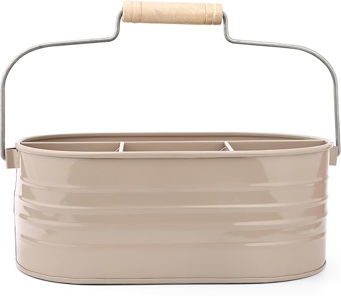Alpha Living Home Multi-Functional Utensil Silverware Caddy - 4 Compartment Organizer for Kitchen, Party & Office – Durable Beige Powder-Coated Iron Alloy with Wooden Handle