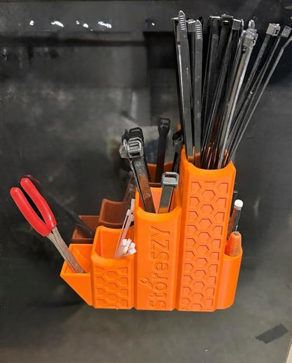 ZipStation Pro Zip Tie Organizer – 3 Tier Holder with Cutter Slot & Pen Storage – Magnetic Toolbox Organizer (Orange)