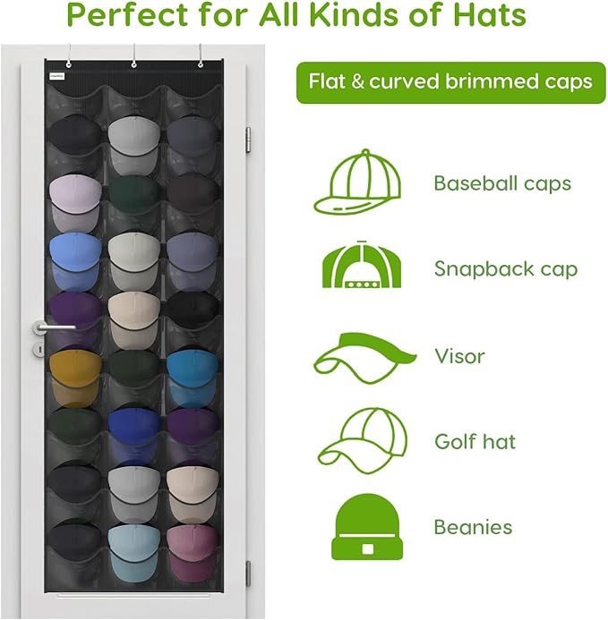 Baseball Hat Rack, 27 Pocket Over-The-Door Hat Organizer with Clear Deep Pockets to Display Baseball Caps Collection, Complete with 3 Over Door Hooks (Black, 27 Pockets)