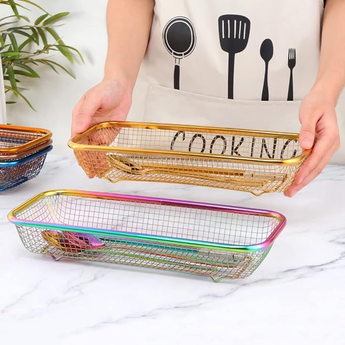 Buyer Star Stainless Steel Cutlery Drawer Organizer Pack of 6, Blue Mesh Storage Baskets with 4 Triangle Racks, Stackable Utensil Holder for Holding Flatware Kitchen Utensil