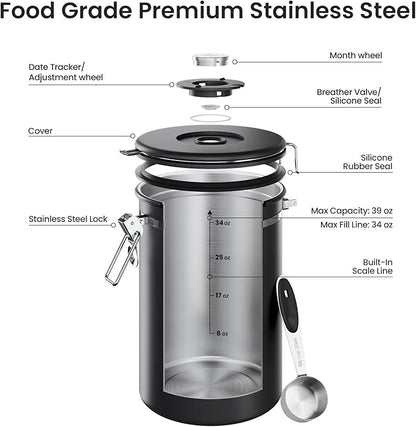 Veken Coffee Canister, 39OZ Large Christmas Coffee Lovers Gift Basket Set,Airtight Stainless Steel Food Storage Kitchen Container Gifts for 2.2lbs Beans, Ground, Sugar, Tea, Flour, Cereal,Scoop,Black