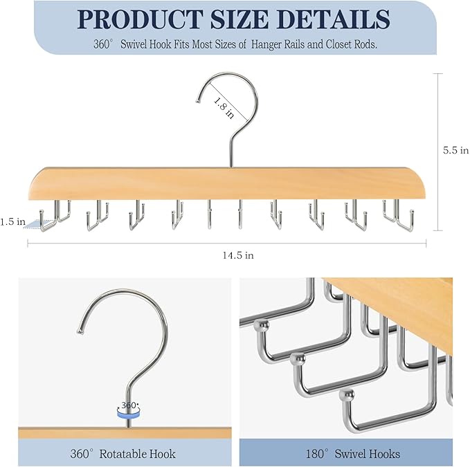 2 Pack Tie Rack Belt Hanger for Closet Fitnice Upgraded Non Slip Tie Hanger Space Saving with 20 Foldable Hooks Wooden Belt Tie Organizer for Tank Tops Bras Cami Scarves